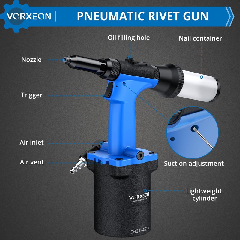 VORXEON Self Suction Pneumatic Rivet Gun Kit 3/32" - 1/4"