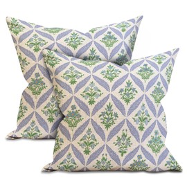 Boho Floral Throw Pillow Covers,sky blue Floral Block Print Pillow Covers with20x20 Set of 2 linen Pillow Covers Decorative Throw Pillowcases Outdoor Modern Farmhouse Home Decor for Sofa Bedroom