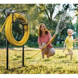 Fire Beauty Heavy-Duty Portable Garden Hose Holder with Storage Basket,80+ lbs Capacity, Modern Geometric Design, Holds 180ft 1/2" Hose,Dual Support Rods & Rustproof Screws