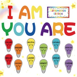 55 Pcs Light Bulb Affirmation Station Bulletin Board Set I Am You are Motivational Sayings Accents Colorful Light Bulb Positive Affirmations Cutouts Classroom Decor for School Office Home Wall Decor