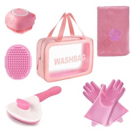 Kemodia 6 in 1 Pink Pet Bath Supplies with Dog & Cat Shedding Brush, Dog Shampoo Brush, Bath Scrubber,Washing Gloves, 39.7" × 20.5" Towel and Big Toiletry Bag.