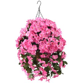 INQCMY Artificial Hanging Flowers with Basket for Garden Outdoor Spring Decoration,Faux Silk Begonia in Planter Look Real UV Resistant for Home Porch Patio Balcony Yard Decor(Red)
