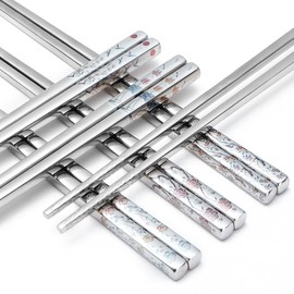 Stainless Steel Chopsticks, Titanium Plated Metal Chopsticks, 9.8" Premium Japanese Korean Color Laser Engraved Cooking Chop Sticks, Dishwasher Safe, Reusable, Anti-slip, Anti-scald, 5 Pairs Gift Set