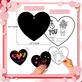 12 Pcs Heart Shape Scratch Paper Art Set Hanging Craft Art Kits Magic Rainbow Scratch Cards with 12 Pcs Wooden Stylus and 12 Pcs Ribbons for Kids Classroom Party Favor DIY Art Decor