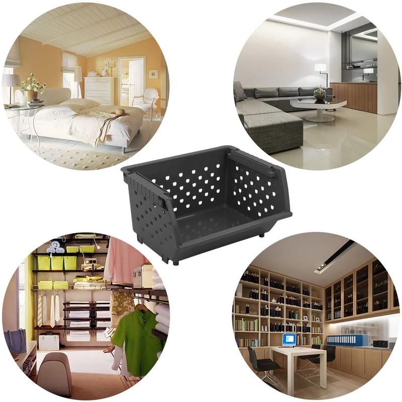 Xowine 4-Pack Gray Plastic Stackable Kitchen Storage Basket, Stacking Organizer