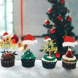 Keaziu - Paquete de 24 adornos de Navidad para cupcakes de Oh Baby con diseño de sombrero de Navidad dorado y Oh Baby para celebrar la magdalena de Navidad para fiesta de cumpleaños y decoración de pasteles, suministros para bebé dorado