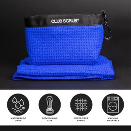 Club Scrub Towel Pro, Golf Club and Ball Cleaning Pouch with Attached Towel, Waterproof Exterior, Clean Face Technology Liner, Machine Washable, Cleans Club Grooves, Waffle-Weave Microfiber (Blue)