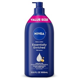 NIVEA Loción corporal esencialmente enriquecida para pieles muy secas con ácido hialurónico, aceite de almendras y suero nutritivo profundo, hidratante corporal de 72 horas, botella con bomba de