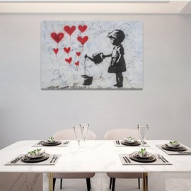 Banksy Girl Wall Art Heart Pictures Street Graffiti Canvas Wall Decor Kids Aesthetic Painting Pop Home Modern Artwork Decorations Framed for Living Room Bedroom Bathroom Office 24 x 16 inch