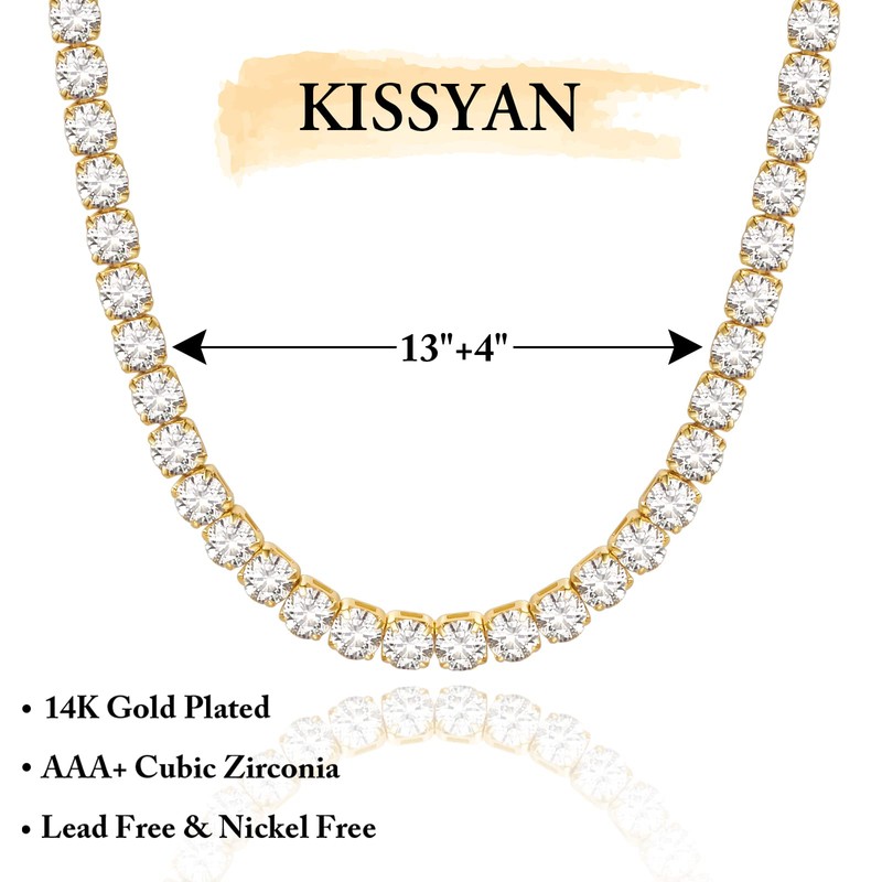 KissYan Gold Tennis Necklace for Women, 14K Gold Plated Diamond