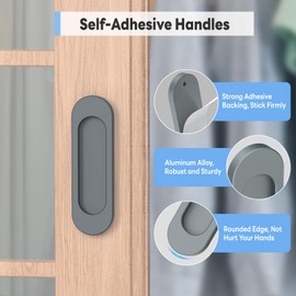 YogePote 2 Pack Self Stick Sliding Door Handles, Aluminum Alloy 4 Inch Self Adhesive Cabinet Knobs for Push-Pull Glass Barn Doors, Closets, Wardrobes, Windows (2, Grey)