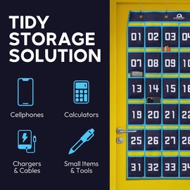 Classroom Pocket Chart Organizer | Cell Phone & Calculator Storage Holder | 36 Numbered Slots | Hangs on Door, Wall, Whiteboard | PrimeRiver