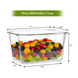 EWAFILU 2.6L/88oz/ 11 Cup Large Glass Food Storage Container with Secure Locking Lid, Meal Prep Containers Microwave,Oven,Fridge Safe-2 Pack Turkey Container