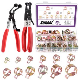 Swpeet 121Pcs 7-22mm Spring Band Hose Clamps with Swivel Flat Band Fuel Hose Clamp Plier Assortment Kit, Silicone Vacuum Hose Action Pipe Clamp Low Pressure Air Clip Clamp for Hose Clamps