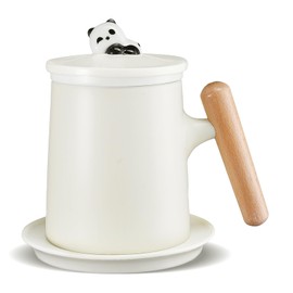 ZENS Tea Mug with Infuser and Lid for Loose Leaf Tea Steeper, 11.8 oz Porelain Tea Cup for Hot Tea Diffusers, Wood Handle Tea Cup with Strainers and Coaster for Tea Lovers Gifts, White