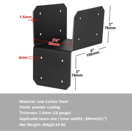 4 Pcs 4x4, 4x6 Black Joist Anchor Connector, Post Cap Tie Bracket for Post to Beam, 16 Gauge