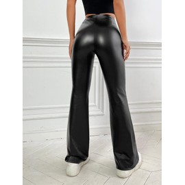 WDIRARA Women's High Waisted Faux Leather Flare Leg Bell Bottom Solid Bootleg Pants Black L