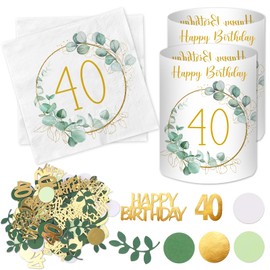 Pack of 20 Napkins for 40th Birthday + 12-Piece Lantern Table Decorations + 100 Pieces of Confetti, Green, 40th Birthday Decorations for Women and Men, Happy Birthday Decoration, Eucalyptus