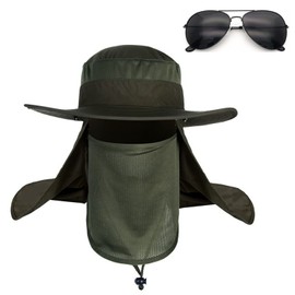 JAKLENA22 Sombrero de protección Solar Gorras de Pesca,Sombrero de Sol con Cubierta para la Cara y Solapa para el Cuello UV UPF50+,Sombrero de Pesca para Hombres y Mujeres (Nailon, Verde Militar)
