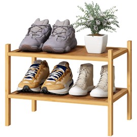 kiplant Small Shoe Rack, 2-Tier Bamboo Wood Shoe Rack for Entryway, Stackable Shoe Organizer for Hallway Closet, Free Standing Shoe Racks for Indoor & Outdoor