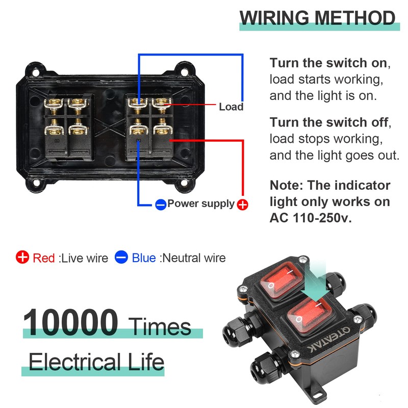 QTEATAK Inline Cord Switch DPST AC/DC 20A-125V,16A-250V,30A-24V,35A-12V, IP66 Waterproof On-Off