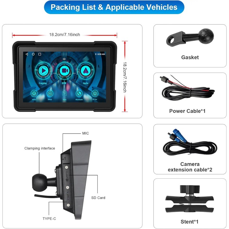 5 Inch Waterproof GPS Navigation Car Stereo Motorcycle Carplay Android