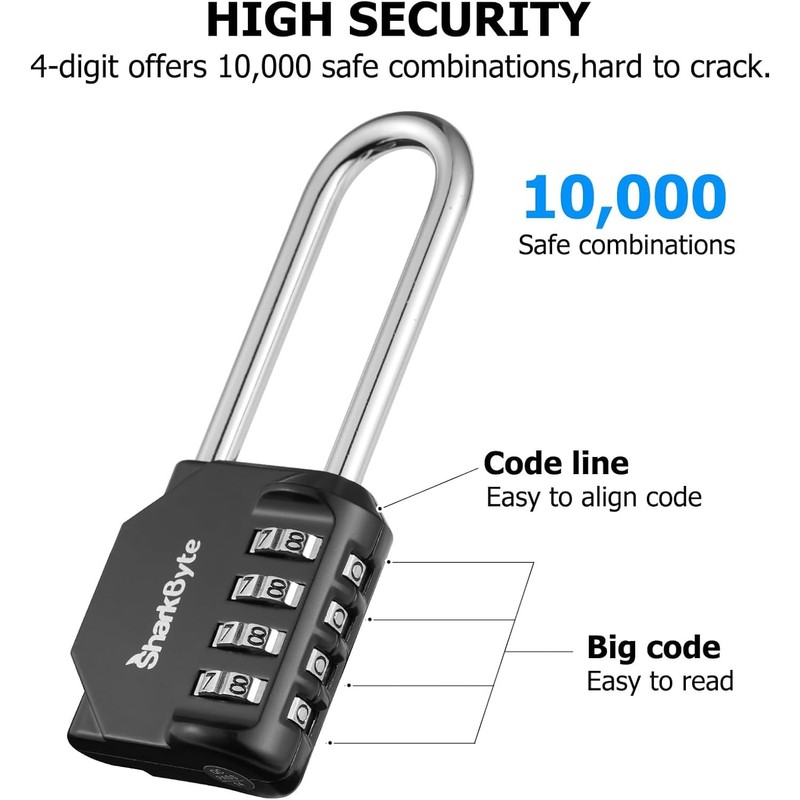 SharkByte Combination Padlock [2.6" Long Shackle] 4-Dial Heavy Duty Combination