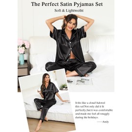 Lovasy Pyjamas for Women Satin Pjs Set Two Piece Silk Pyjamas for Ladies Button Down Sleepwear Loungewear,Black,L