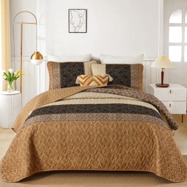 Cottolester Fall Quilt Set King Size 3 Pieces,Brown Striped Bedspread,Boho Plaid Bedding Set Soft Microfiber Quilt with 2 Pillow Shams 110"x90"