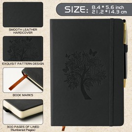 GoaePode A5 Notepad Notebook, Embossed Design Hardcover Notebooks, Lined Paper Project Journal Office Home School Supplies Diary with Pen and Sticky Notes for Student Teacher, Black