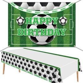 PIXHOTUL Football Backdrop and Table Cover Set - Football Happy Birthday Photo Background, 130 x 220cm Rectangle Plastic Tablecloth Decorations for Kids Football Themed Birthday Party Decorations