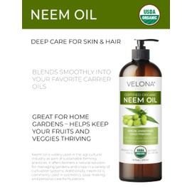 velona Neem Oil USDA Certified Organic - 32 Fl Oz | 100% Pure and Natural Carrier Oil | Virgin, Unrefined, Cold Pressed | Hair, Body and Skin Care | Use Today - Enjoy Results
