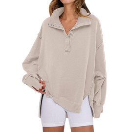 ANRABESS Women's Sweatshirts Oversized Casual Loose Button Up Henley Pullover Top High Low Split 2025 Fall Fashion Outfits Apricot Medium