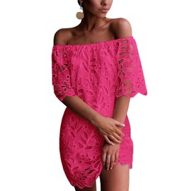 PRETTYGARDEN Women's Summer Off Shoulder Vintage Floral Lace Flare Short Sleeve Loose Elegant Mini Dress (Rose Red,Small)