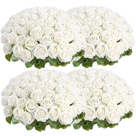 Auihiay 104pcs Roses Artificial Flower - Realistic White Fake Roses for Wedding Centerpieces, Table Decor, Valentine's Day, Mother's Day, and Home Party Decorations