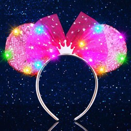 ACEDRE Light Up Mouse Ears Headband LED Sequin Tulle Bow Princess Crown Hair Accessories for Women
