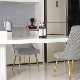Upholstered Dining Chairs Set of 2, Modern Fabric Dining Room Kitchen Side Chair with Padded Seat and Gold Legs for Restaurant/Cafe/Living Room, Grey