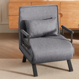 Dithoko 5 in 1 Folding Chair Bed, Convertible Sleeper Sofa with 5-Position Adjustable Backrest & Pillow, Single Sofa Bed for Small Spaces, Cozy Linen Futon Chair for Home Office (Grey)