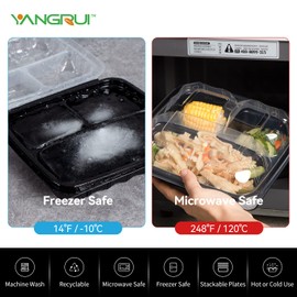 YANGRUI Clamshell Food Containers, Reusable 45 Pack 9.5 Inch 38 oz Anti-Fog Leak Proof Shrink Wrap 3 Compartment To Go Container BPA Free Microwave Freezer Safe Plastic Meal Prep Boxes