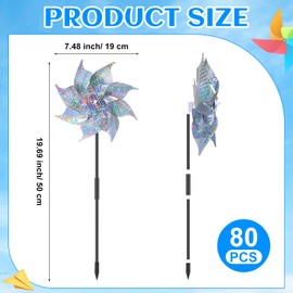 Qualirey 80 Pieces Reflective Pinwheels with Stakes Wind Spinner for Garden Decor Bird Repellent Devices Outdoor Silver Sparkly Windmills to Scare Birds Away from Outside Garden Yard Patio Farm