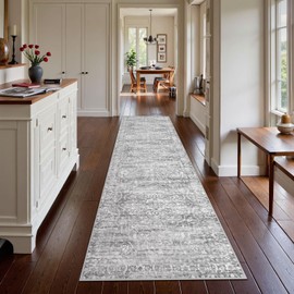 Lahome Hallway Runner 2.5x10, Floral Washable Kitchen Rug Runner Ultra-Thin Non Slip Grey Runner Rug, Neutral Boho Print Stain Resistant Long Carpet Runner for Entryway Stair (Grey, 2'5''x10')