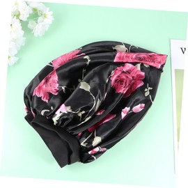 Healvian Extra Large Satin Flower Printed Elastic Wide Brim Sleep Cap for Women Comfortable Salon Shower Hat Lightweight Breathable Design Black