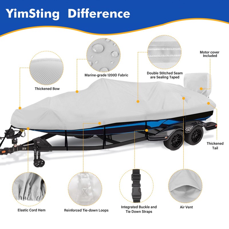 YimSting 1200D Waterproof Boat Cover - Fits 20' to 22'