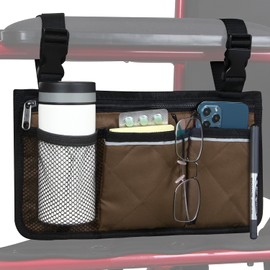 Wheelchair Storage Bag Armrest Bag with Cup Holder and Reflective Strip for Most Wheelchairs, Walkers or Walkers (Coffee)