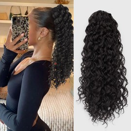 Rexnoz 18 Inch Curly Ponytail Extension Drawstring ponytail Clip in Hair Extensions for women Curly Synthetic Hairpiece for Daily Use party(Brown Black)
