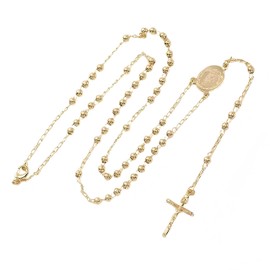 Gold Rosary Bead Cross Necklace for Women Men with Virgin Mary, Sun Drop Dangles, and Miracle Medal Pendant. A Beautiful Gift Idea. (3mm)