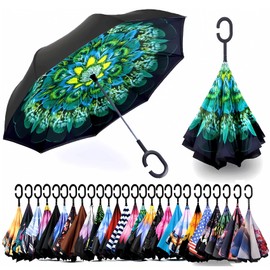 Spar. Saa Double Layer Inverted Umbrella with C-Shaped Handle, Anti-UV Waterproof Windproof Straight Umbrella for Car Rain Outdoor Use