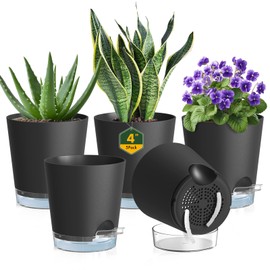 Meowell 4 inch Self Watering Pots for Indoor Plants, 5 Pack Small Flower Plant Pots with Drainage Holes and Clear Reservoirs, Visible Water Level, Plastic Planters with Wicking Rope, Black
