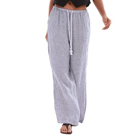 Amazhiyu Women's 100% Linen Striped Drawstring Elastic Waist Wide Leg Pants Navy, Medium