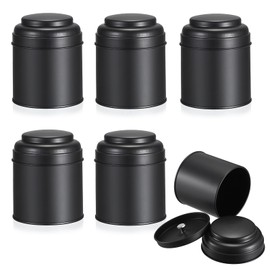 SUMTree 6 Pieces Tea Canisters for Loose Tea, Black Storage Jars Set, Metal Kitchen Tins with Airtight Double Lids, Stackable Food Containers, Round, Small Tins for Spices, Herbal Tea, Sugar, Coffee